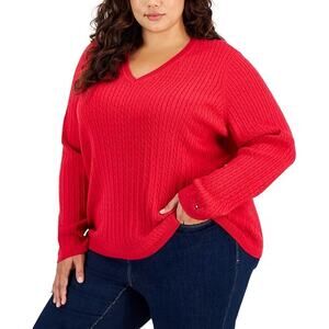 Tommy Hilfiger Scarlet Red Cable-Knit V-Neck Ivy Pullover Sweater Plus 1X NWT